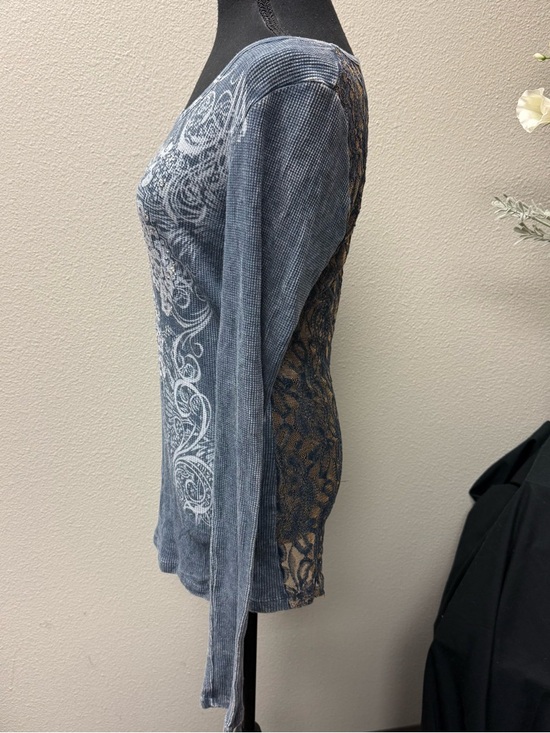 Daytrip Blue Thermal Top Lace Back Rhinestone Long Sleeve Boho Medium - Picture 4 of 9